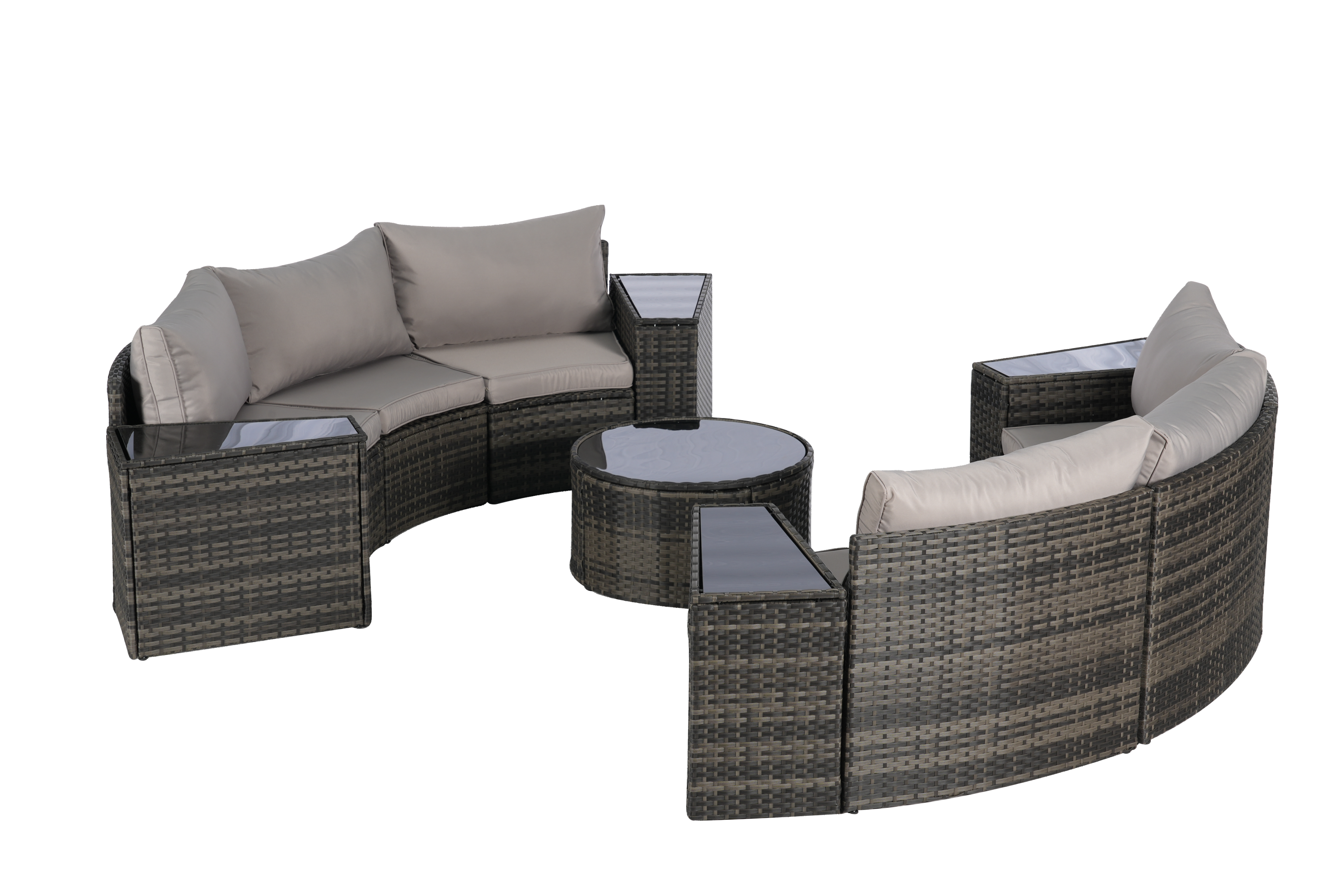Outdoor Patio Furniture 11-Piece Half-Moon Sectional Round Patio Furniture Set Sofa with Tempered Glass Round Coffee Table