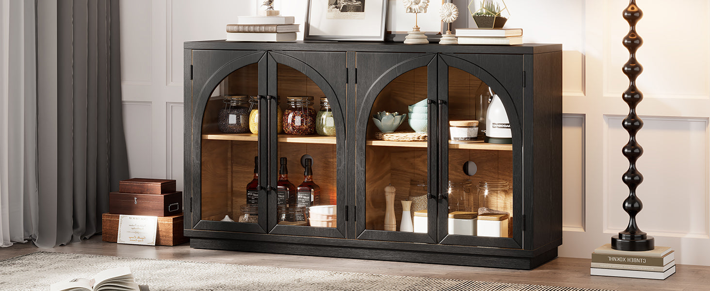 TREXM 4-Door Large Storage Sideboard Buffet Cabinet with Glass Doors, Arched Cabinet with Adjustable Shelves for Kitchen, Dining Room and Living Room (Black)