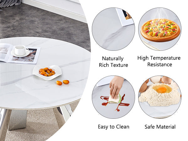 42' Luxury Sintered Stone Table: 0.45' Durable Top + 6' Steel Legs, 350lb Capacity, Stain/Heat-Resistant White/Gray Veined Surface - Modern Minimalist Design