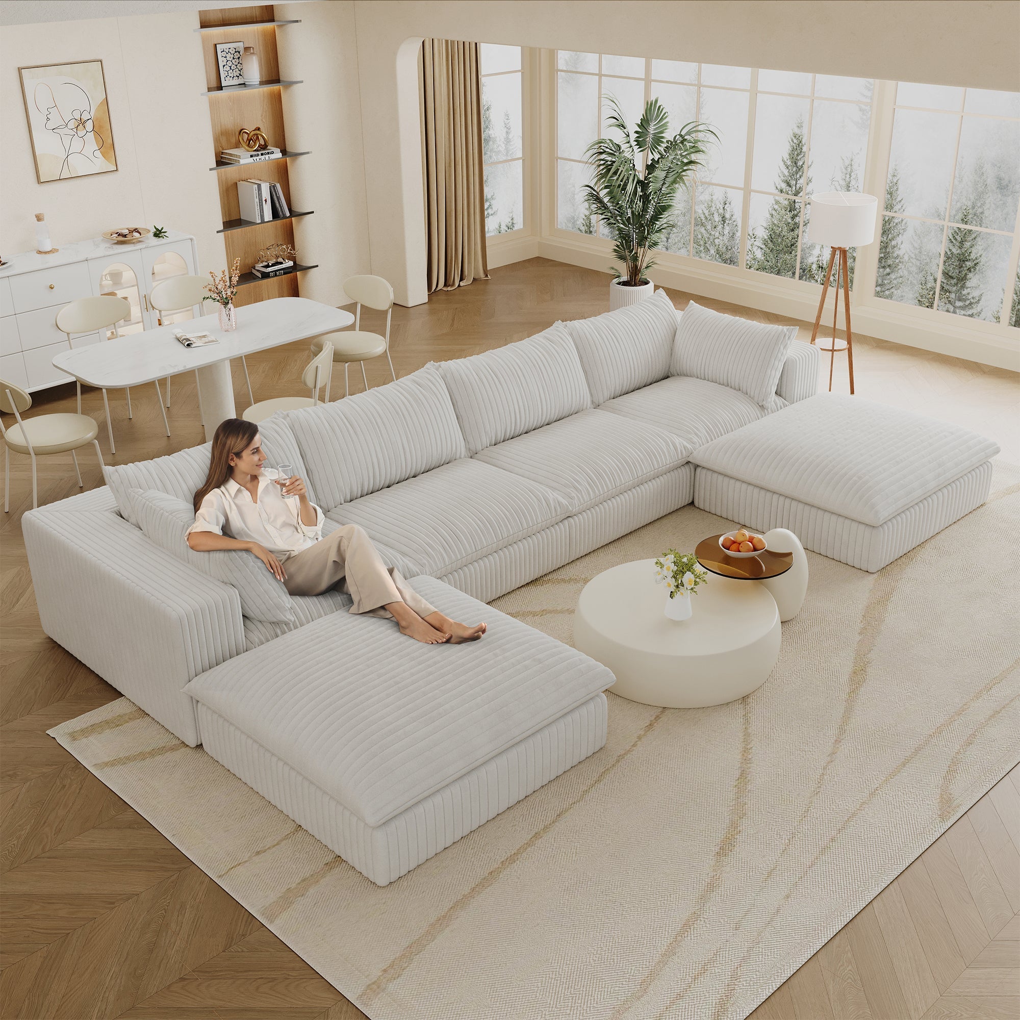157.6'Cloud Sofa,Corduroy Fabric,Deep Seat Couches,Double-layer design,Removable  Cushion,No Assembly,DIY Combination for Living room, Bedroom,Conference room ,Apartment,White