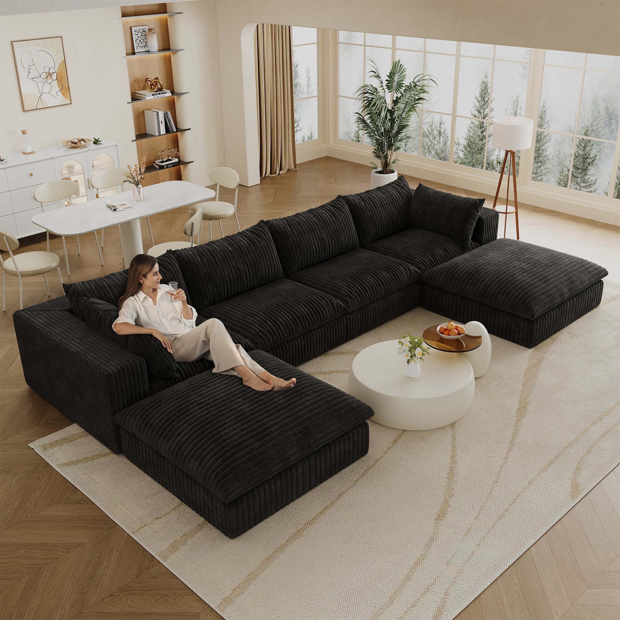157.6'Cloud Sofa,Corduroy Fabric,Deep Seat Couches,Double-layer design,Removable  Cushion,No Assembly,DIY Combination for Living room, Bedroom,Conference room ,Apartment,Black