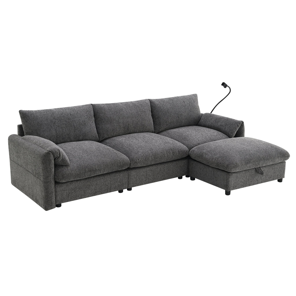 96.5'' Chenille Sectional Sofa with Storage Ottoman and Pockets,Adjustable Phone Holder,Wide Seat,4 Seat L Shaped Couch Set,Comfy Sofa with USB Charger for Living Room,Apartment,3 Colors