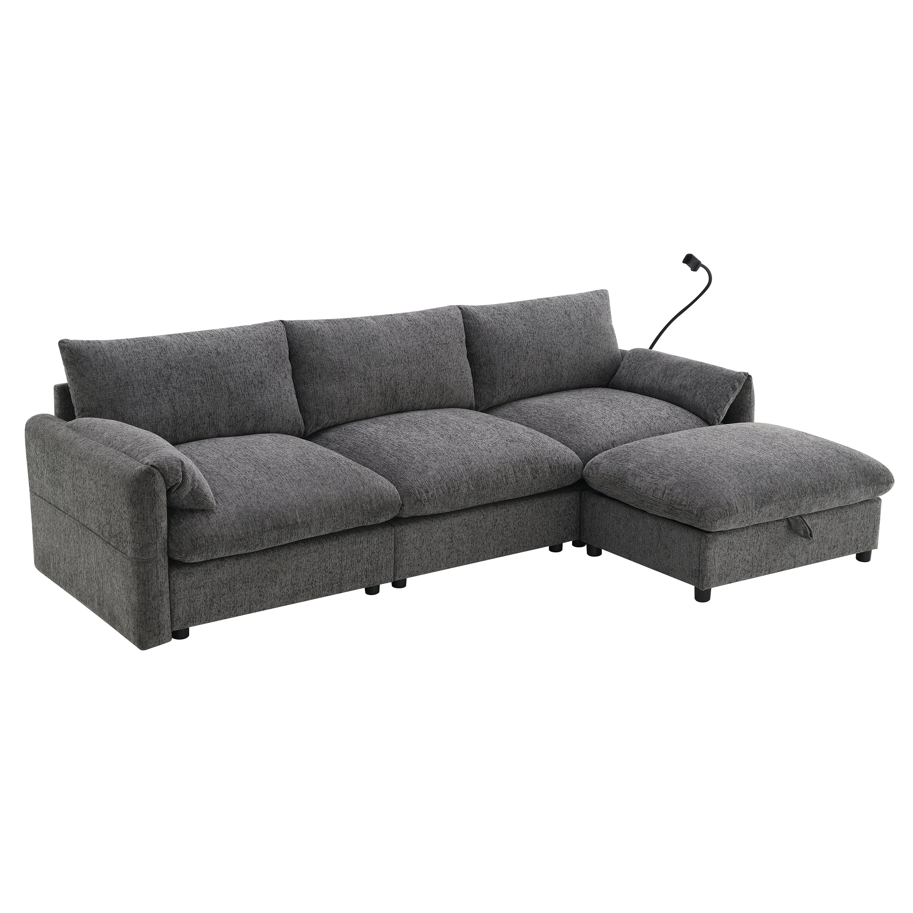 96.5'' Chenille Sectional Sofa with Storage Ottoman and Pockets,Adjustable Phone Holder,Wide Seat,4 Seat L Shaped Couch Set,Comfy Sofa with USB Charger for Living Room,Apartment,3 Colors