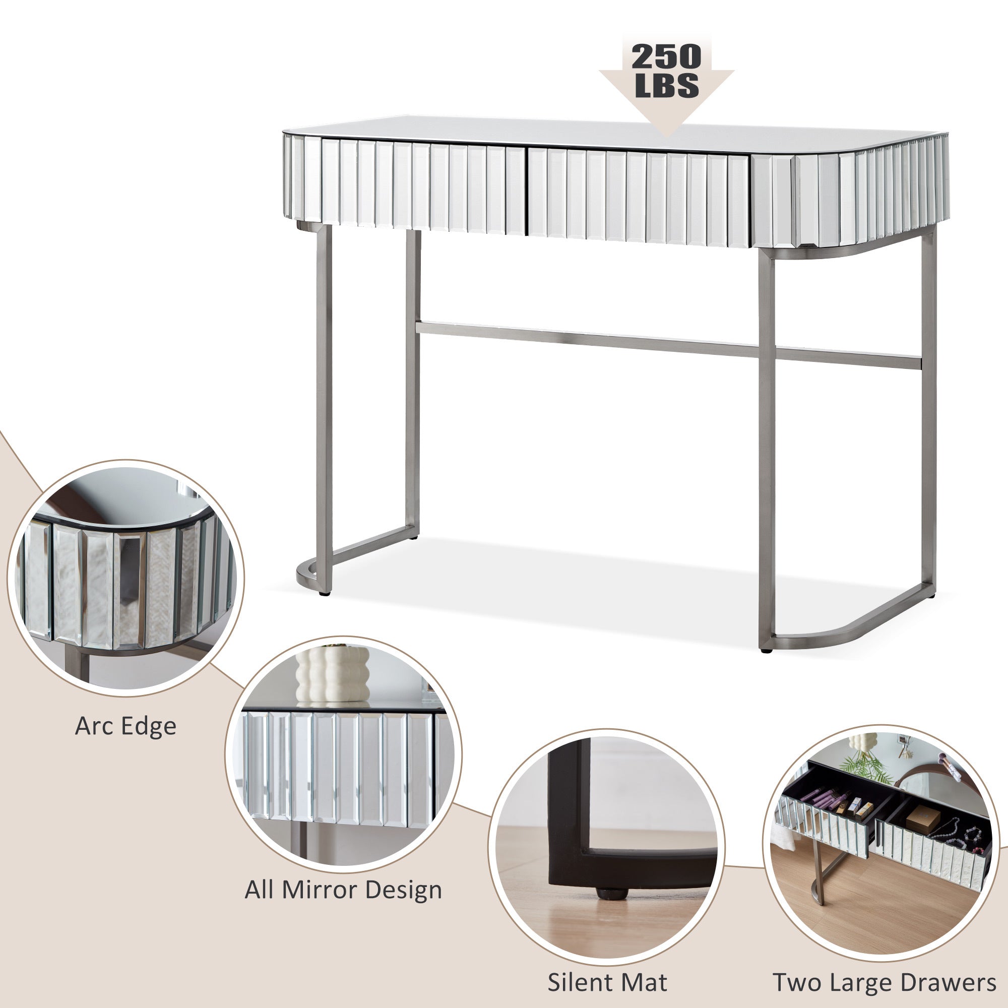 39' Mirrored Makeup Vanity Table with Stainless Steel Base, Mirrored Console Dressing Table with 2 Drawers,Versatile Desk for Bedroom and Office, Silver