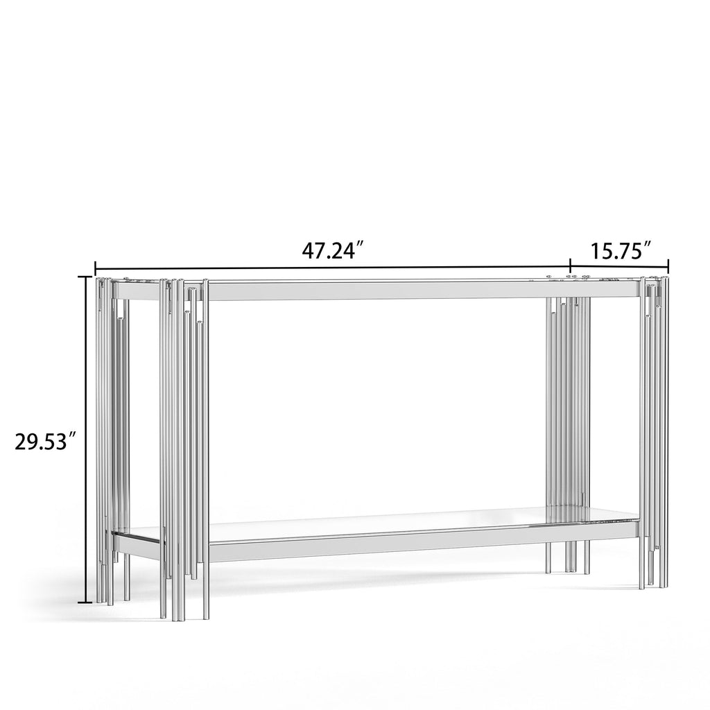 Top and Bottom Double Layer Tempered Glass Console Table and Mirror Finished Stainless Steel Frame