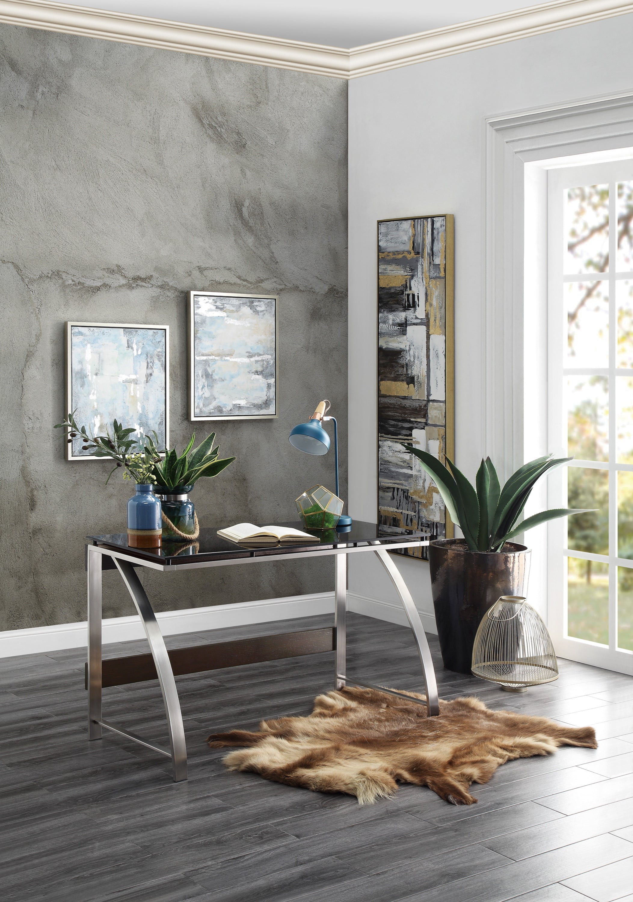 Modern Design Writing Desk Glass Top Stainless Steel Frame Furniture 1pc