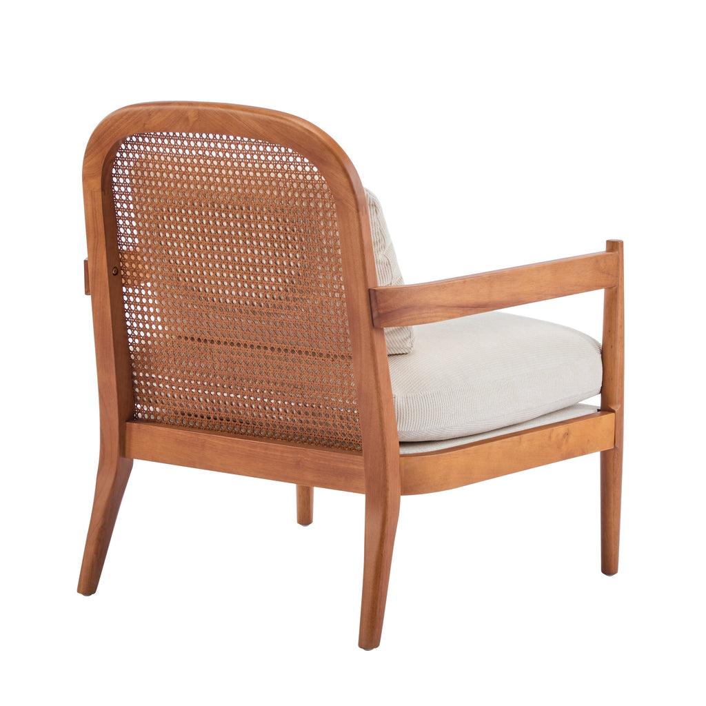 [Set of 2]  26.6' Mid-Century Modern Accent Chair with Walnut Finish Solid Wood Frame and Rattan Backrest, Beige Cushion with Striped Fabric,  Comfy Armchairs for Living Room, Bedroom, Reading Nook
