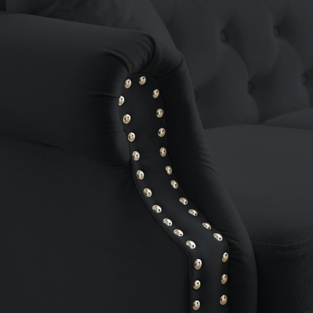 [Video] 79' Chesterfield Sofa Black Velvet for Living Room, 3 Seater Sofa Tufted Couch with Rolled Arms and Nailhead for Living Room, Bedroom, Office, Apartment, 3S+3S