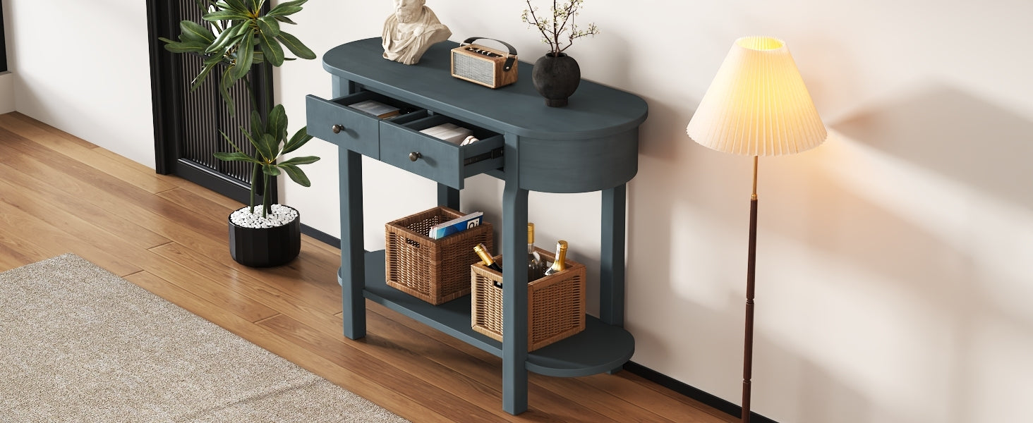 TREXM Elegant Retro Console Table with Curved Design and Smooth Glaze for Entryways, Living Rooms and hallways (Navy)