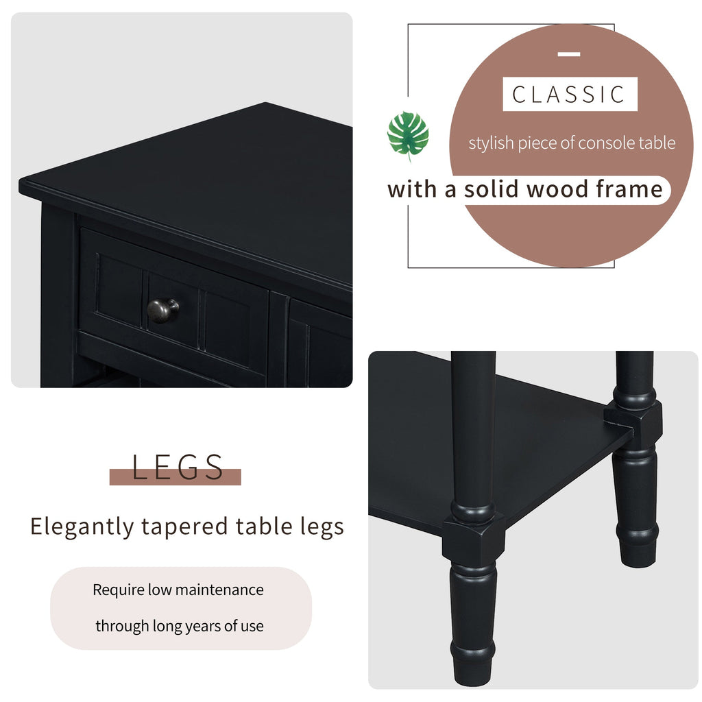 TREXM Narrow Console Table, Slim Sofa Table with Three Storage Drawers and Bottom Shelf (Black)