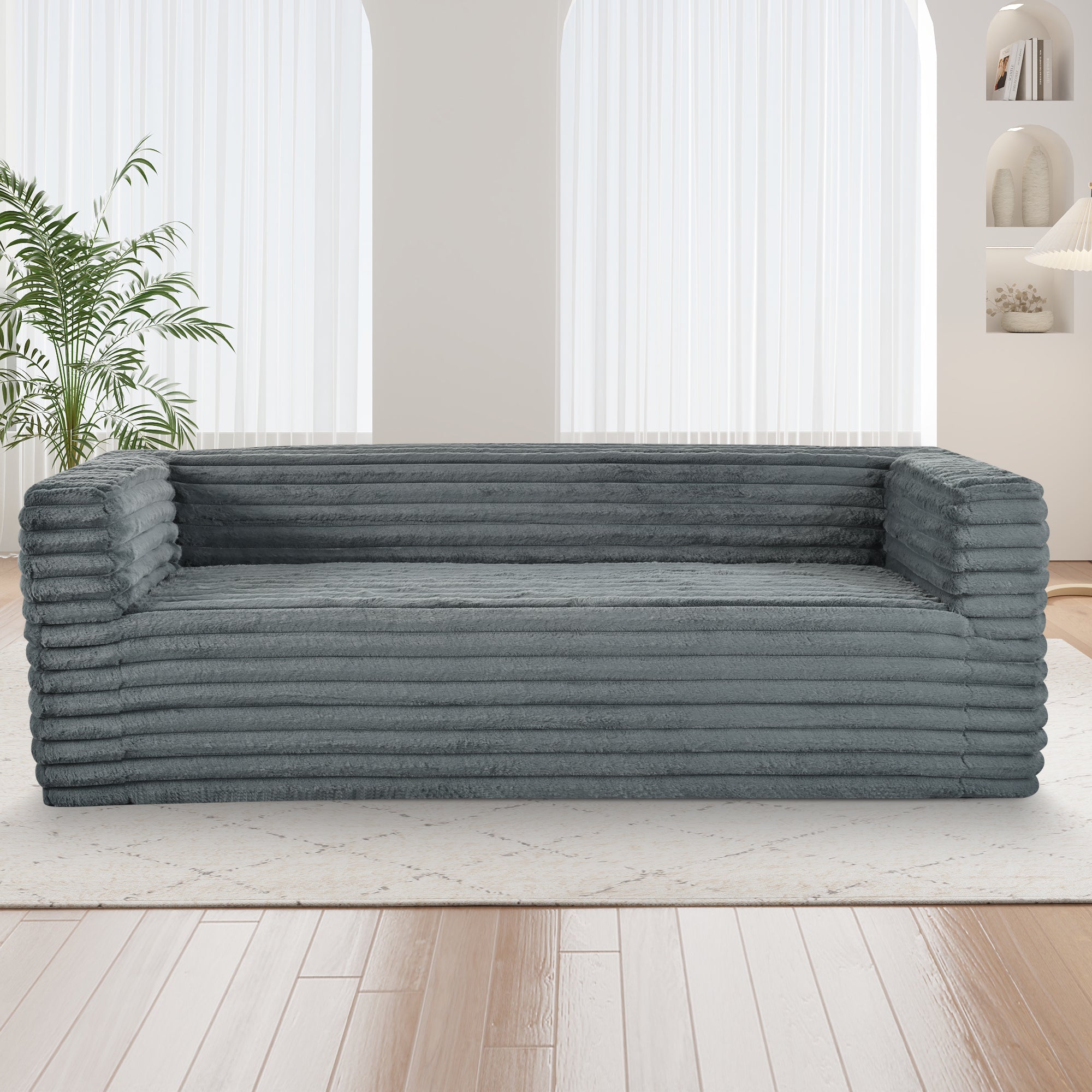 89" Modern Corduroy Couch, 3 Seats Plush Sofa with Squared Arm,Luxury Comfy Seat Super Soft Couches for Living Room,Small Space,Office,Apartment,No Assembly Required