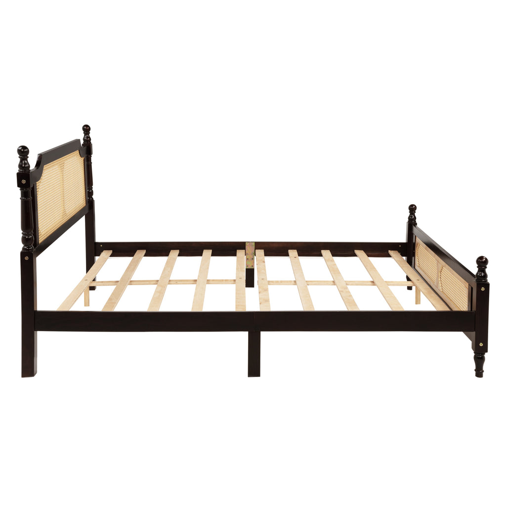 Queen Pine wooden Bed with Rattan Headboard  and Footboard, with  Central Enhanced Bed Platform ,Espresso
