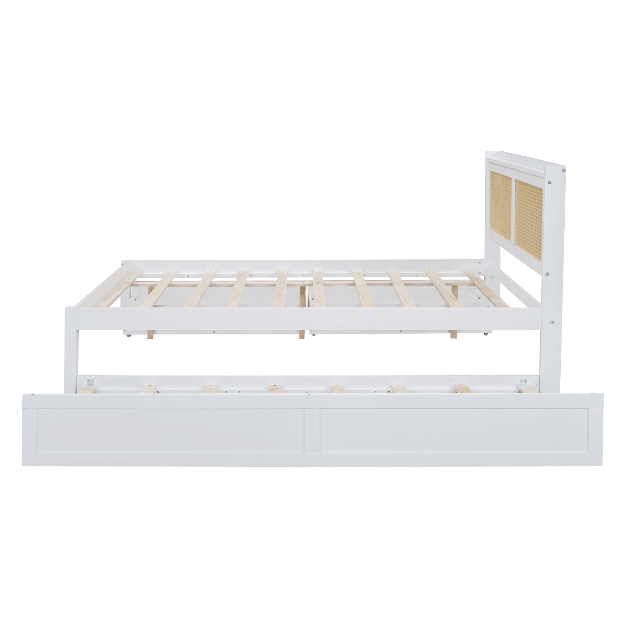 Queen Size Elegant Bed Frame with Rattan Headboard and Sockets ,White