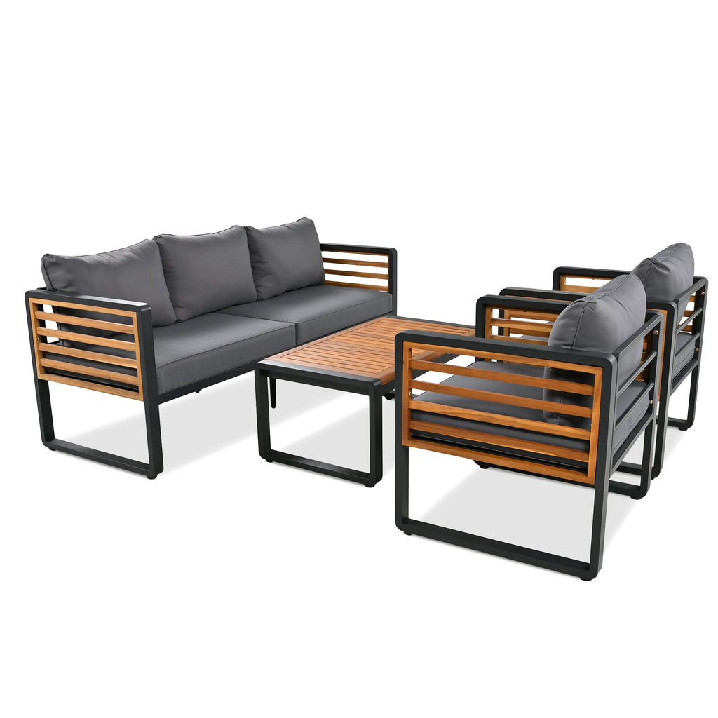 GO Large Size 4-pieces Outdoor Furniture sofa for 5 Person Conversation Set, Garden Sofa Set With Removable Cushion, Metal And Wood Frame Sofa set, Thick Cushions, Acacia Wood Tabletop, Gray