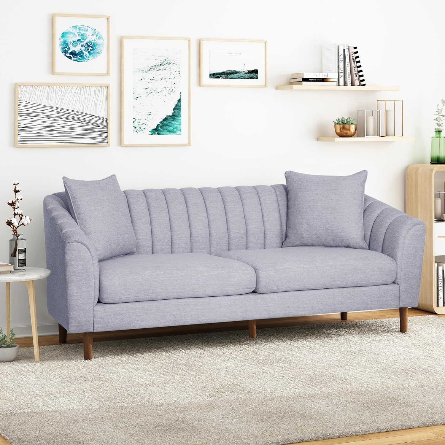 Contemporary 3-Seater Sofa with Plush Accents and Button Tufted Diamond Stitching in Grey Fabric