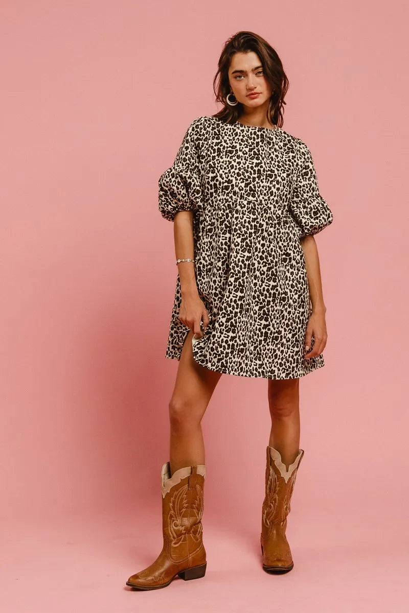 BiBi Leopard Denim Dress With Back Contrast Tie Detail
