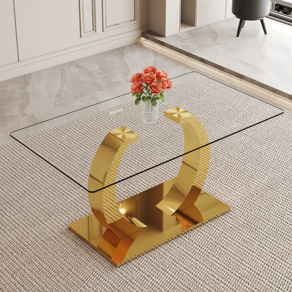 63 x 35.4 x 30-inch Transparent Glass Dining Table - A Perfect Blend of Durability and Elegance.Transparent Tempered Glass Tabletop,Golden stainless steel metal table legs.
