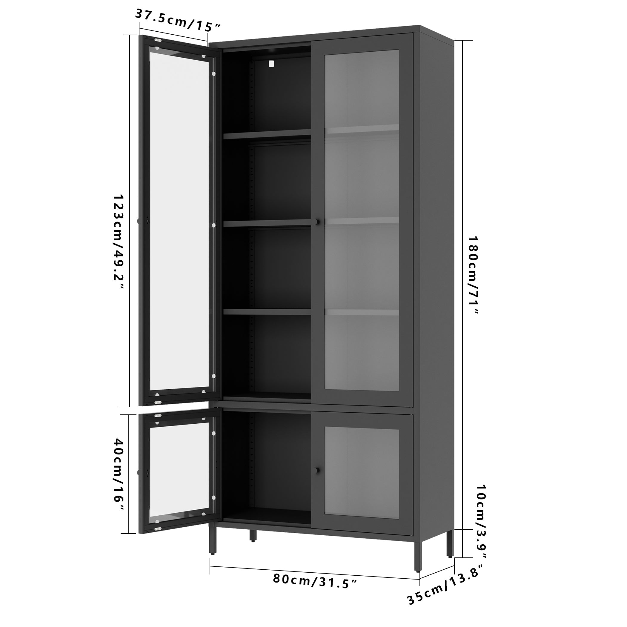 Large Metal Storage Cabinet Display Cabinet with 4 Glass Doors 5 Shelves Side Cabinet Bookcase Freestanding Cabinet for Bedroom Living Room Pantry Home Office - Black, Reinforced Tempered Glass