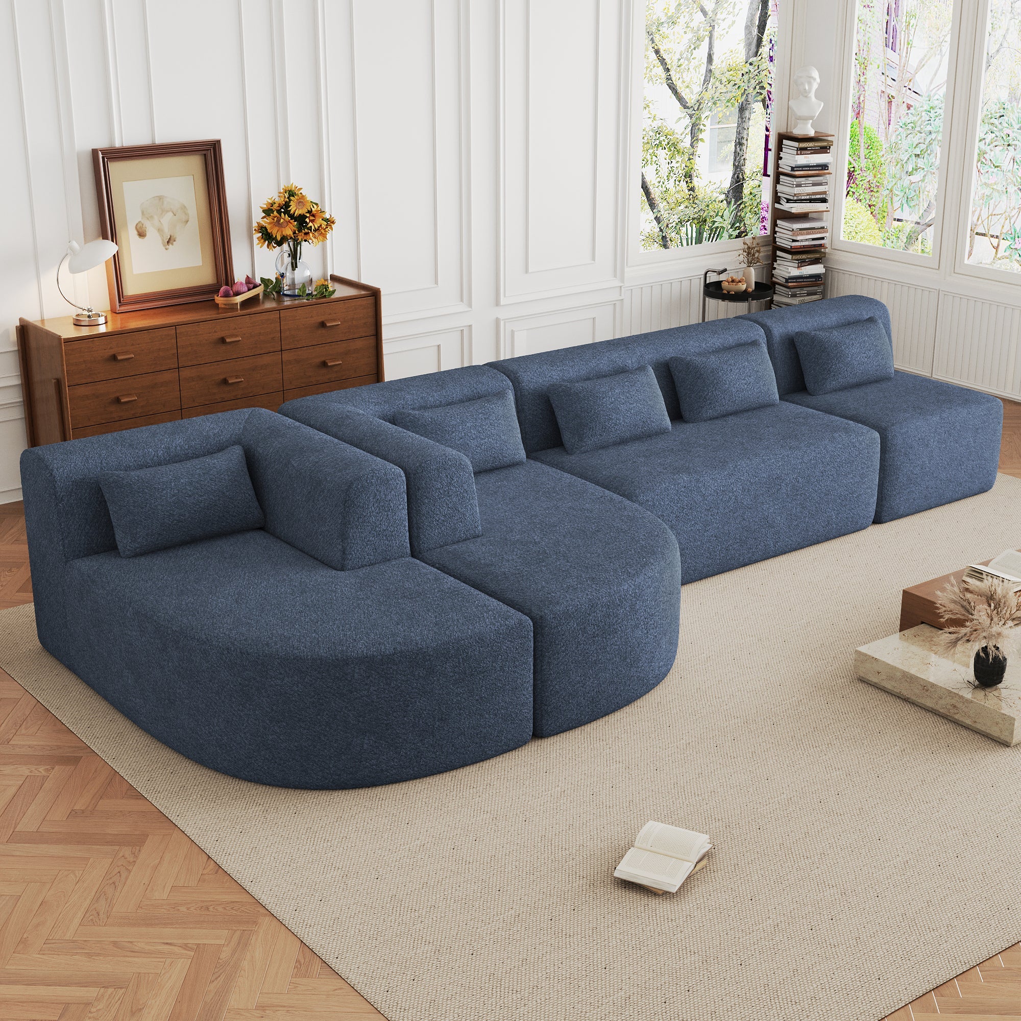 144' Upholstered Sofa Free-combined Sofa Couch with Two Chaise Lounge and Five Back Pillows for Living Room, Blue