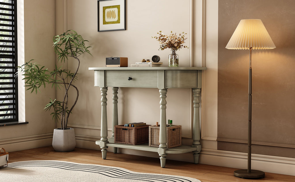 TREXM Narrow Console Table with Curved Corner, Retro Entryway Table with Top Drawer and Open Shelf, Sofa Table Console Tables for Entryway, Hallway and Living Room (Gray)