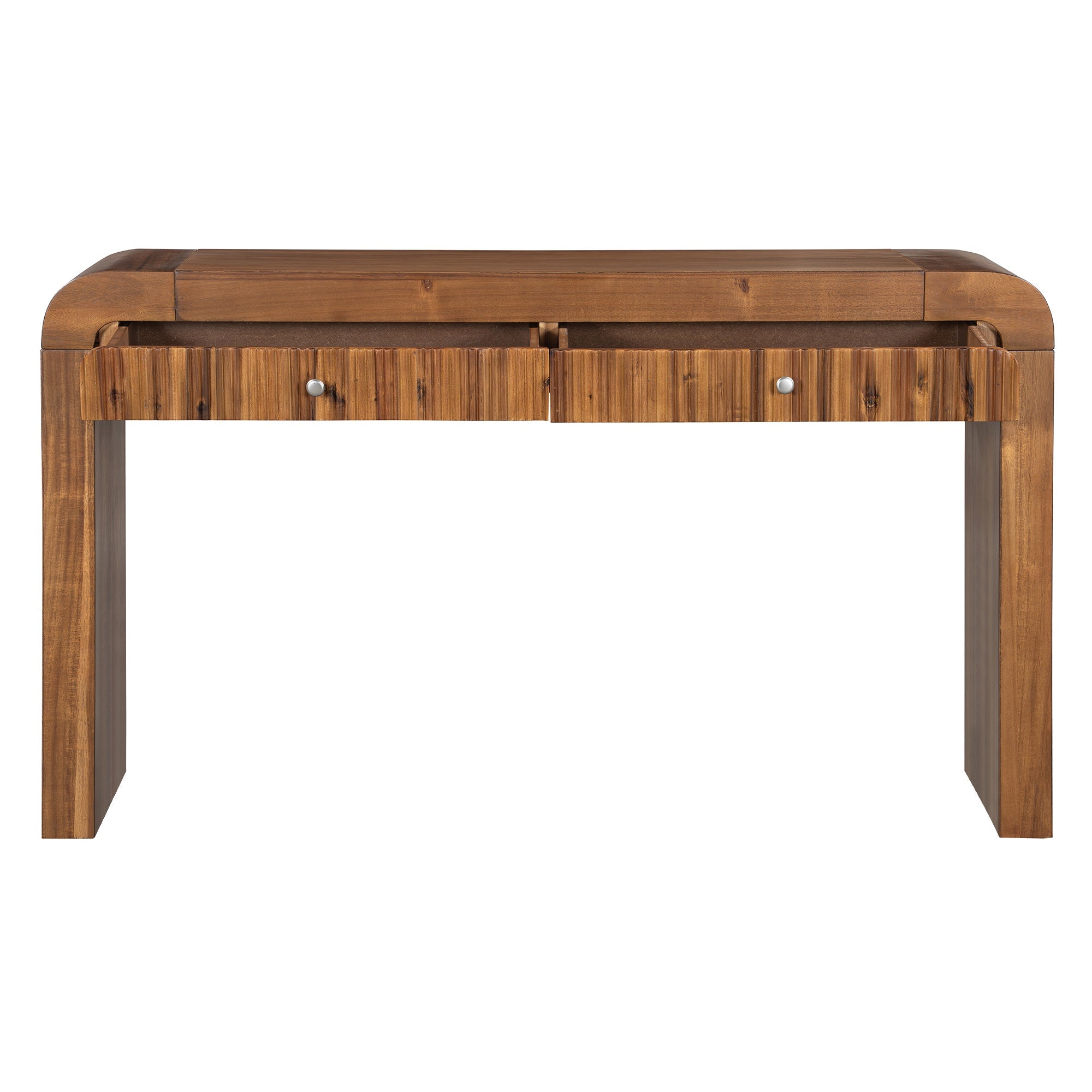 TREXM Rustic Console Table with Fluted Drawer Front, Entryway Table with Curved Corners & Thick Legs, Sturdy Sofa Table for Hallway & Living Room (Brown)