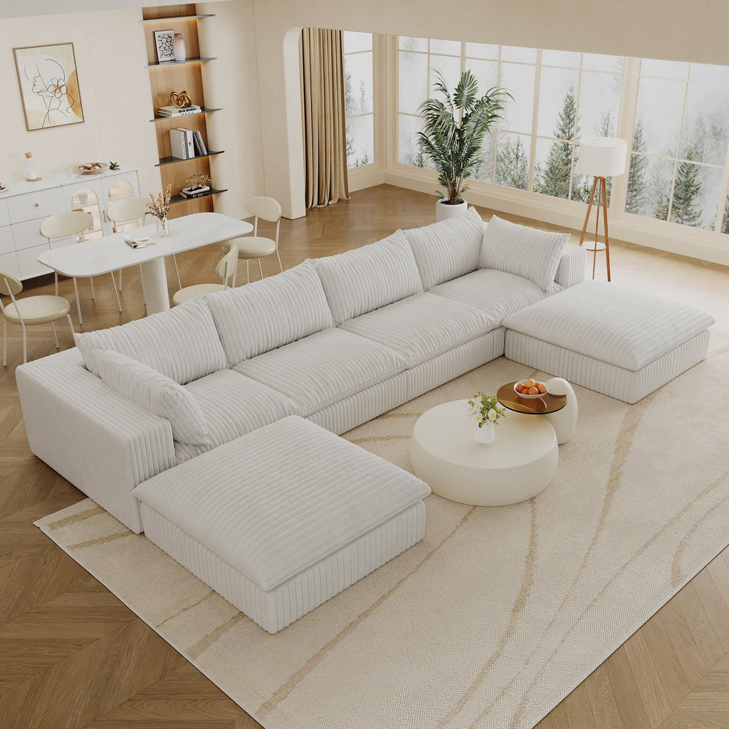 157.6'Cloud Sofa,Corduroy Fabric,Deep Seat Couches,Double-layer design,Removable  Cushion,No Assembly,DIY Combination for Living room, Bedroom,Conference room ,Apartment,White