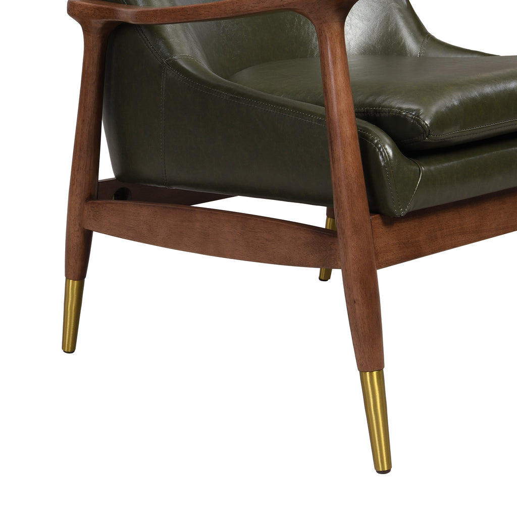 Mid-Century Faux Leather Accent Chair with Cushioned Seat, Solid Wood Frame, Brass-Tipped Legs, Cognac-Brown