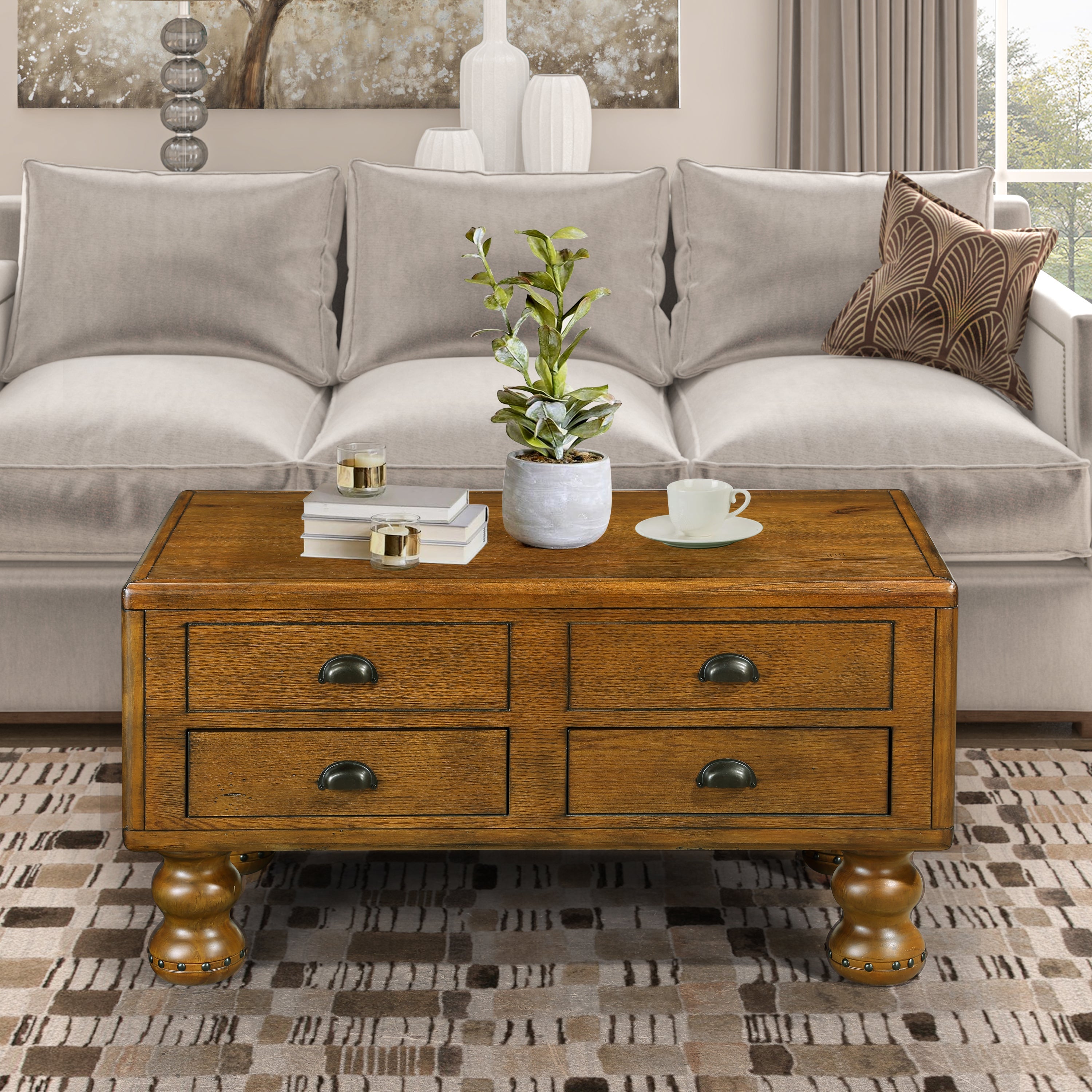 Solid Wood Rectangle Coffee Table for Living Room, 40-Inch Antique Coffee Table with 4 Drawers, Wood Center Table Tea Table with Rivet Decoration Legs.Easy Assembly,  Antique Brown