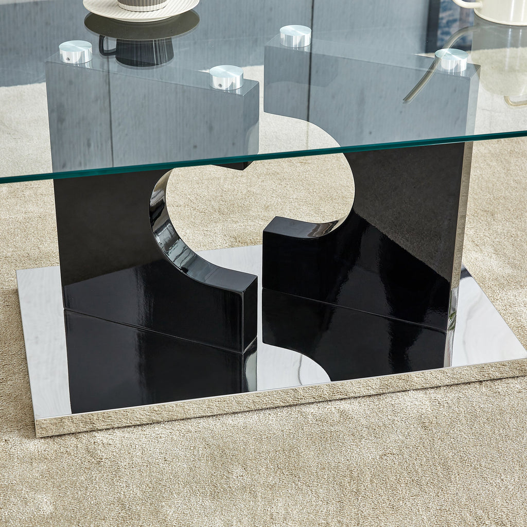 A rectangular modern and fashionable coffee table with tempered glass tabletop and black MDF legs. Suitable for living room.47.2"*25.5"*18"