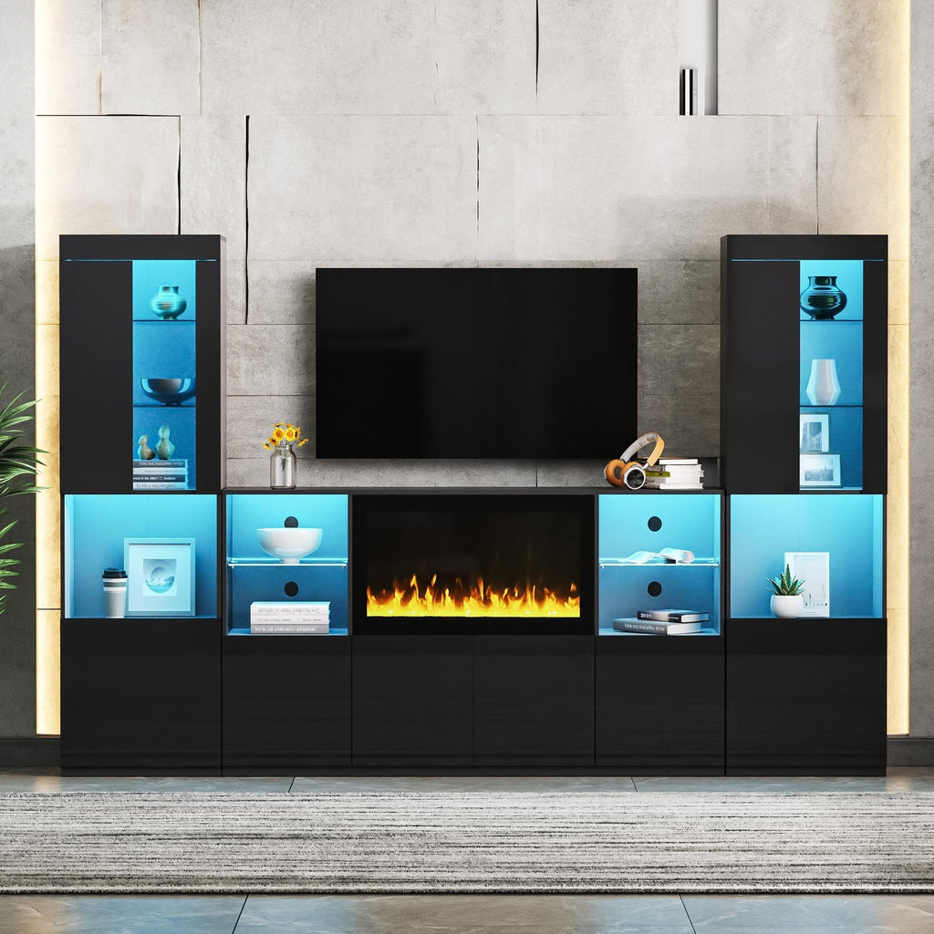 ON-TREND Modern TV Stand with 34.2' Non-heating Electric Fireplace, High Gloss Entertainment Center with LED Lights, Media Console with Tempered Glass Shelves for TVs up to 75', Black