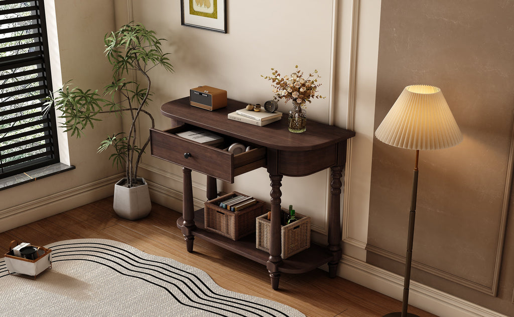 TREXM Narrow Console Table with Curved Corner, Retro Entryway Table with Top Drawer and Open Shelf, Sofa Table Console Tables for Entryway, Hallway and Living Room (Espresso)