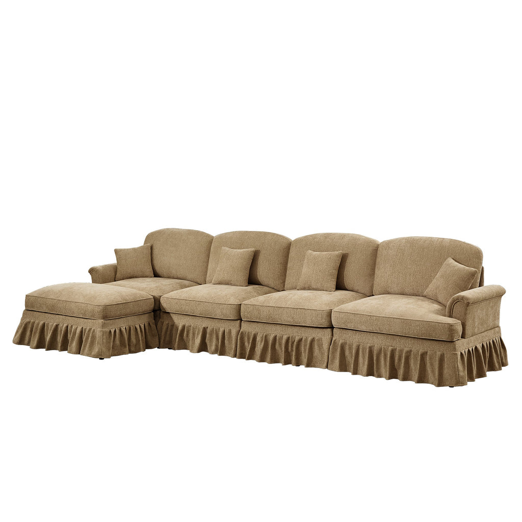Classic Three Seater Modular L Shaped Sectional Couch with Flared Arms and Removable Ruffles Pleats Skirts and Spindle Legs, Comfy Chenille Four-Seat Deep Seat Sofa with Movable Ottoman, Light Coffee