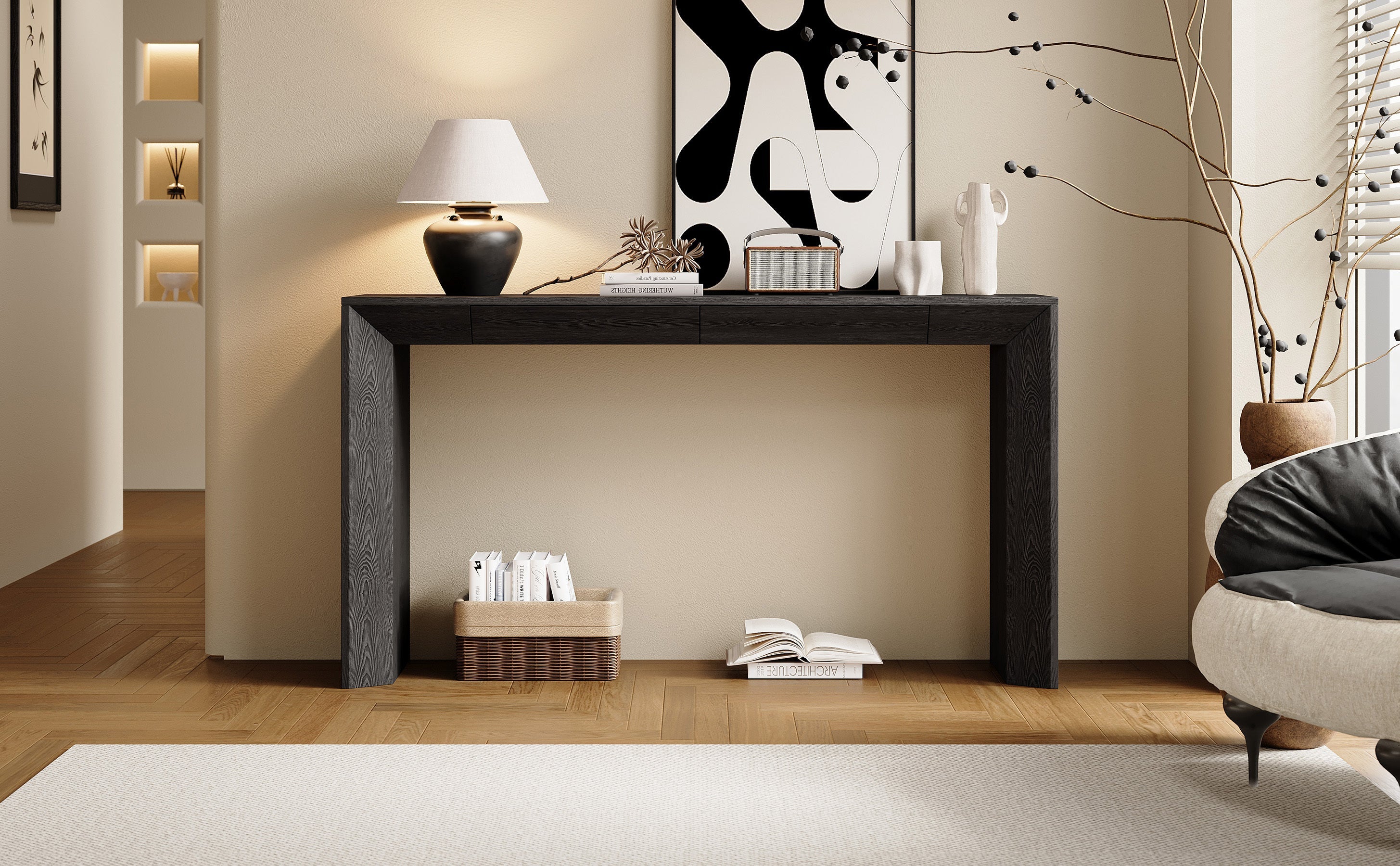 TREXM 60' Modern Farmhouse Console Table with 2 Concealed Drawers, Waterfall Design Entryway Table with Thickened Legs & Rustic Wood Grain for Living Room, Entryway & Hallway (Black)