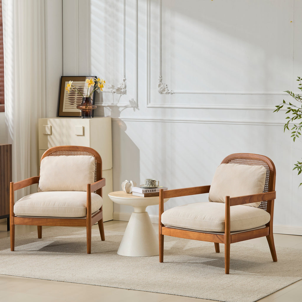 [Set of 2]  26.6' Mid-Century Modern Accent Chair with Walnut Finish Solid Wood Frame and Rattan Backrest, Beige Cushion with Striped Fabric,  Comfy Armchairs for Living Room, Bedroom, Reading Nook