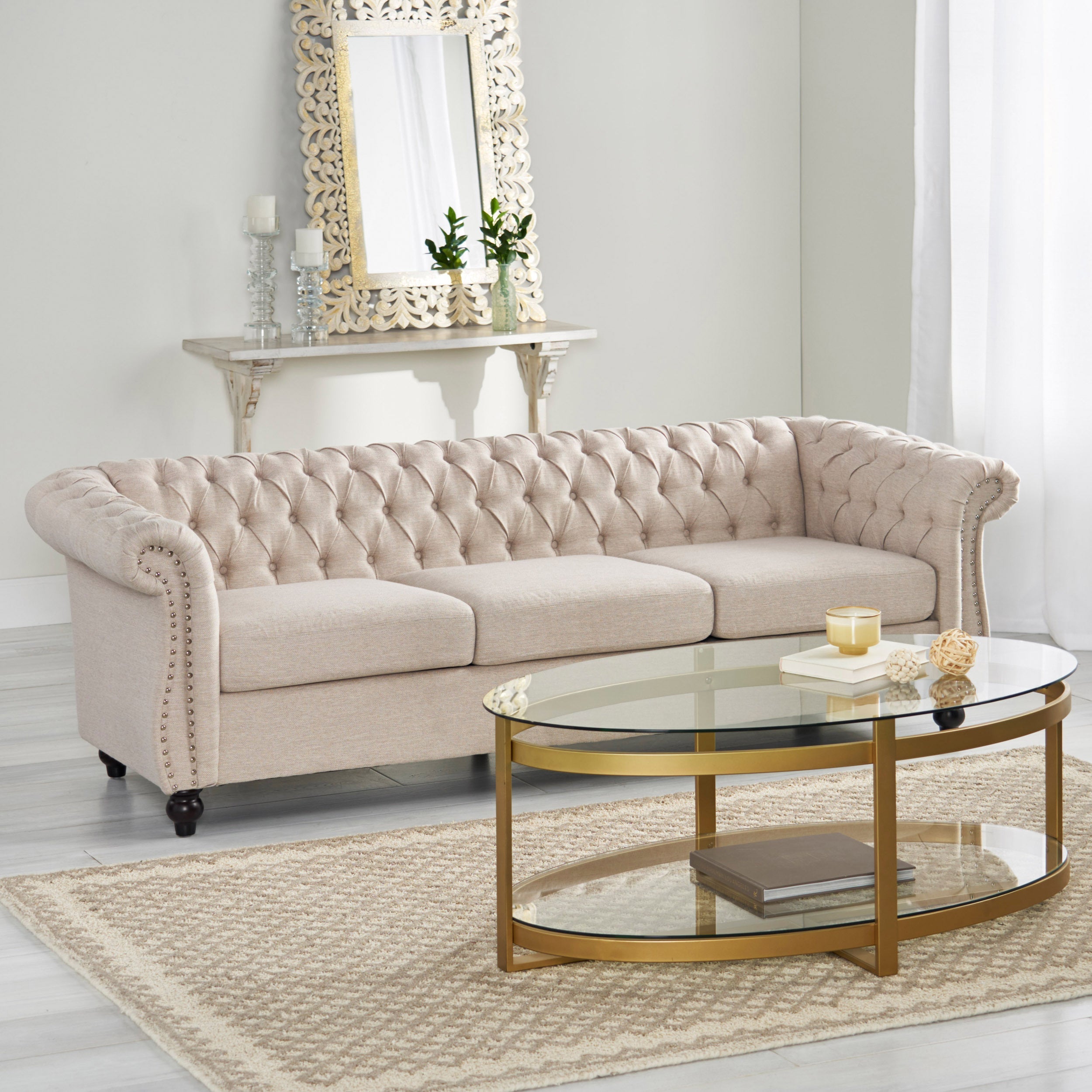 Chesterfield Style 3-Seater Sofa with Deep Button Tufting in Beige Fabric