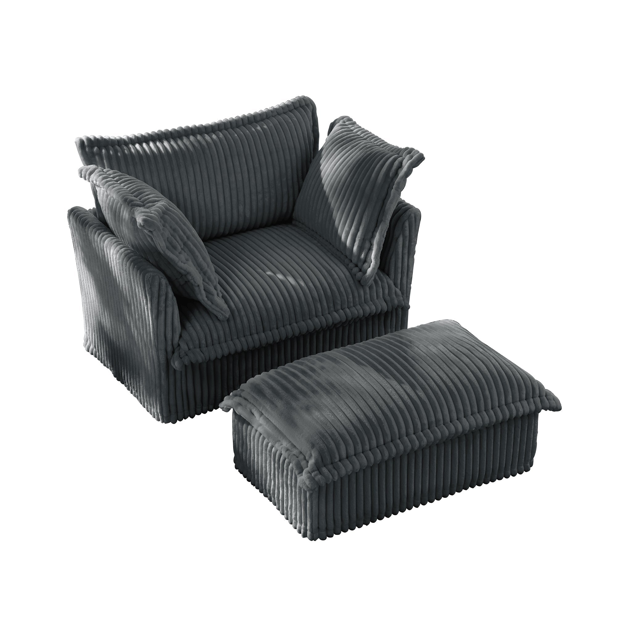 Upholstered Slipcovered Armchair with Ottoman,  Deep Seat Armchair W/ Wide Ottoman for Living Room, Armchair Sets with Large Soft Pillows(Set of 2),Gray Corduroy Fabric