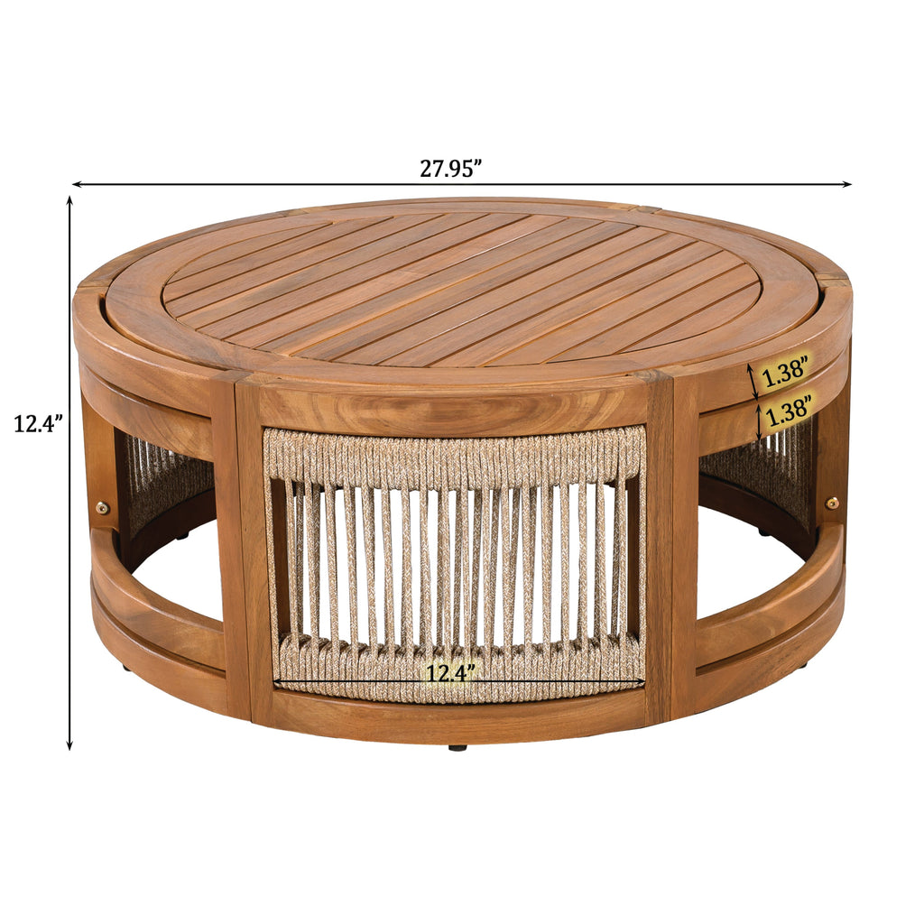 27.95' Acacia Wood Outdoor Coffee Table - Handwoven Rope Accent Boho Patio Table with All-Weather Durability