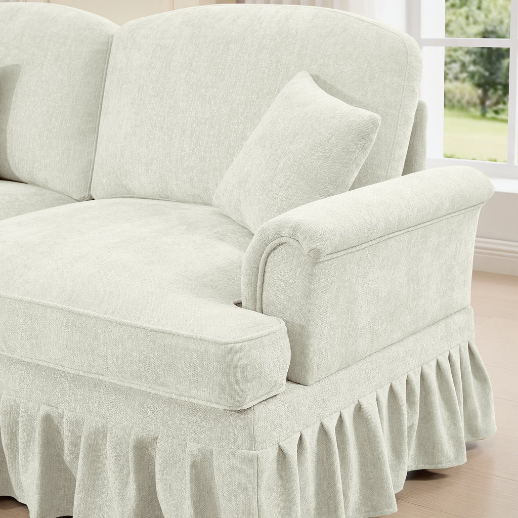 Elegant Mid Century Large 3 Seater Sofa Couch with Flared Arms and Removable Ruffles Pleats Skirts and Spindle Legs, Comfy Chenille Three-Seat Sofa for Living Room, Beige White