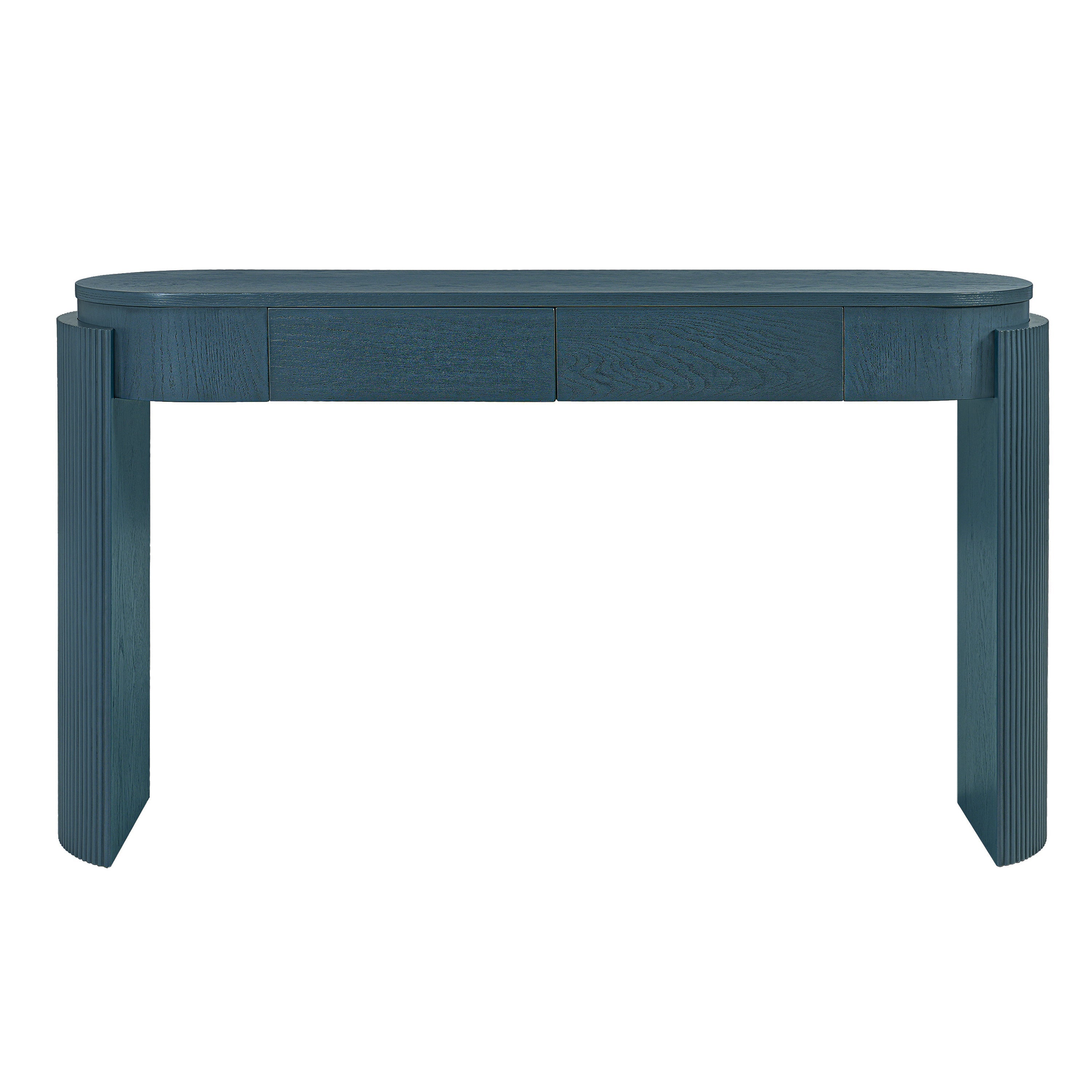 TREXM Entryway Table with Natural Wood Grain Finish, Console Table with Fluted Design, Oval Top and 2 Drawers for Entryway and Living Room (Navy)