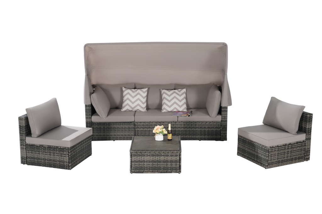 5 Pieces Outdoor Patio Wicker Daybed Furniture Set with Retractable Canopy, Storable Side Table, and Soft Cushions for Relaxing in Your Backyard or Porch