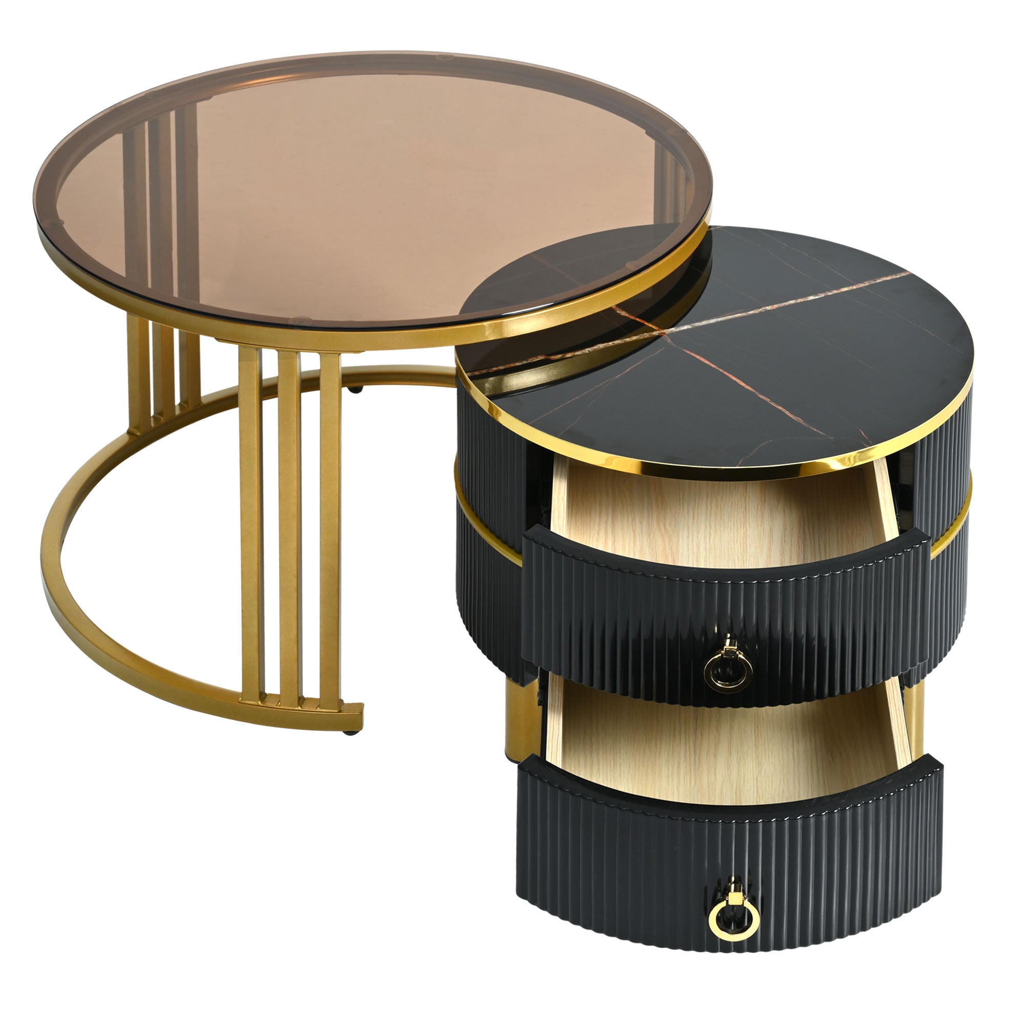 ON-TREND Φ27.5'' & Φ19.6'' Stackable Coffee Table with 2 Drawers, Nesting Tables with Brown Tempered Glass and High Gloss Marble Tabletop, Set of 2, Round Center Table for Living Room, Black