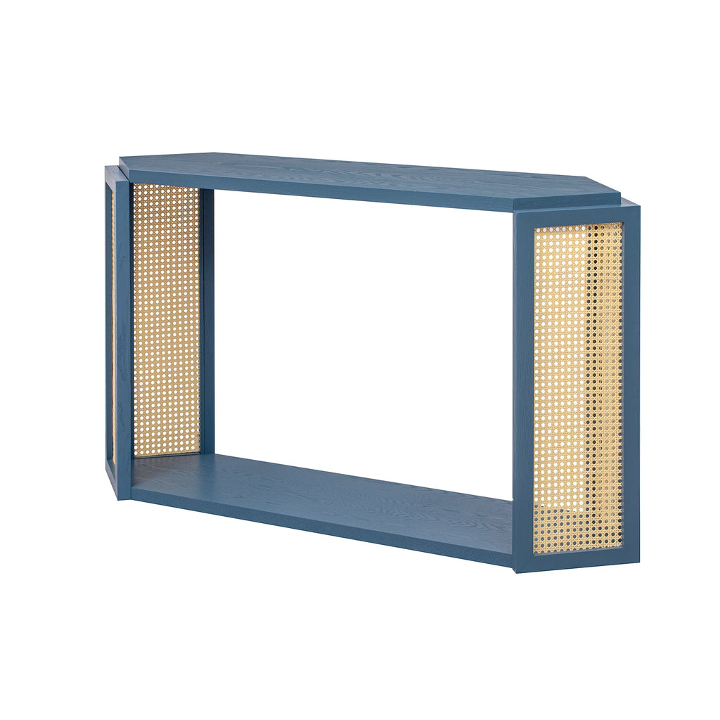 TREXM Narrow Console Table with Unique Irregular Top Design, Entryway Table with Open Shelf, Rattan Sofa Table for Living Room Hallway and Entrance (Antique Blue)