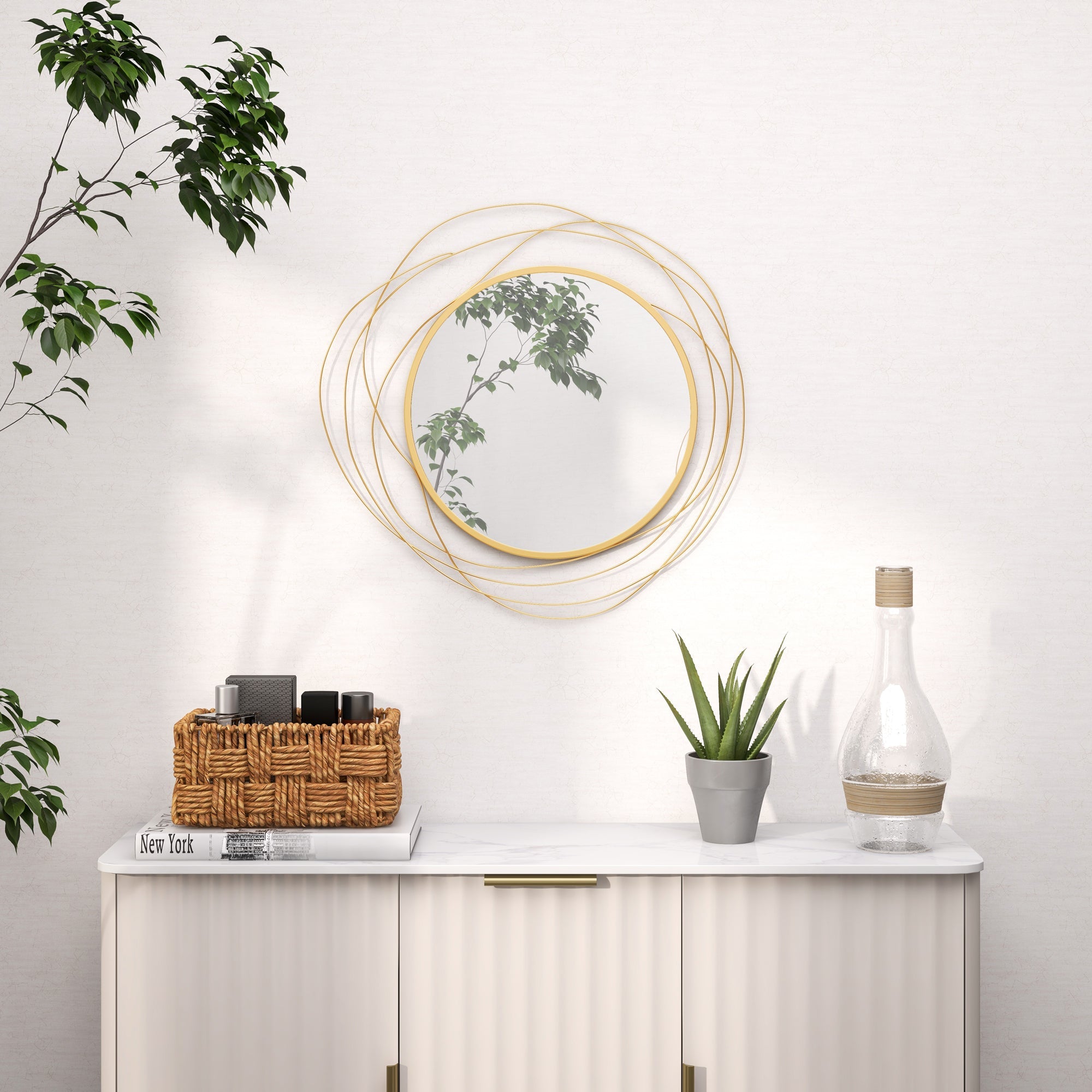 HOMCOM Metal Wall Art Modern Mirror Decor Home Hanging Wall Sculptures for Living Room Bedroom Dining Room, Gold