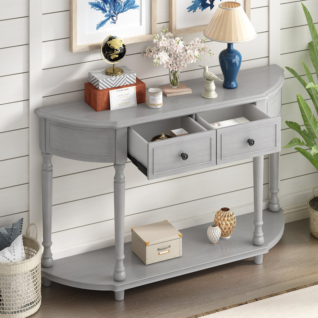 TREXM Retro Circular Curved Design Console Table with Open Style Shelf Solid Wooden Frame and Legs Two Top Drawers (Gray Wash, OLD SKU: WF298768AAE)