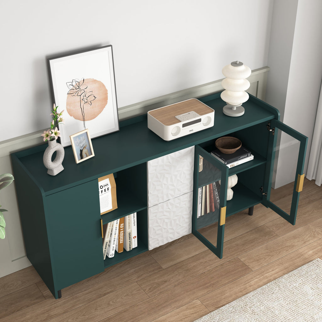 Modern Kitchen Pantry Storage Cabinet , 55" Coffee Bar Storage Cabinet with 2 Drawers, 2 Open Storage Compartment & 2 Glass Doors, Wood Buffet Table for Kitchen, Living Room, Green