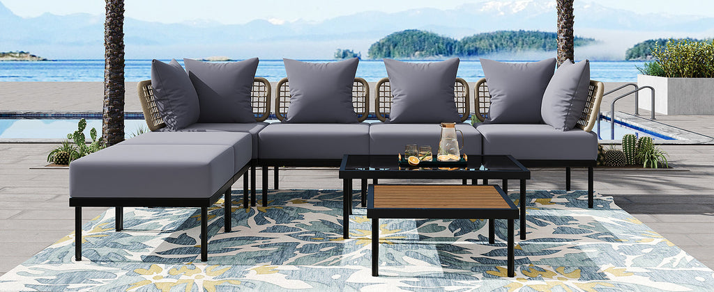 TREXM 8-Piece Patio Sectional Sofa Set with Tempered Glass Coffee Table and Wooden Coffee Table for Outdoor Oasis, Garden, Patio and Poolside (Light Grey Cushion + Black Steel)