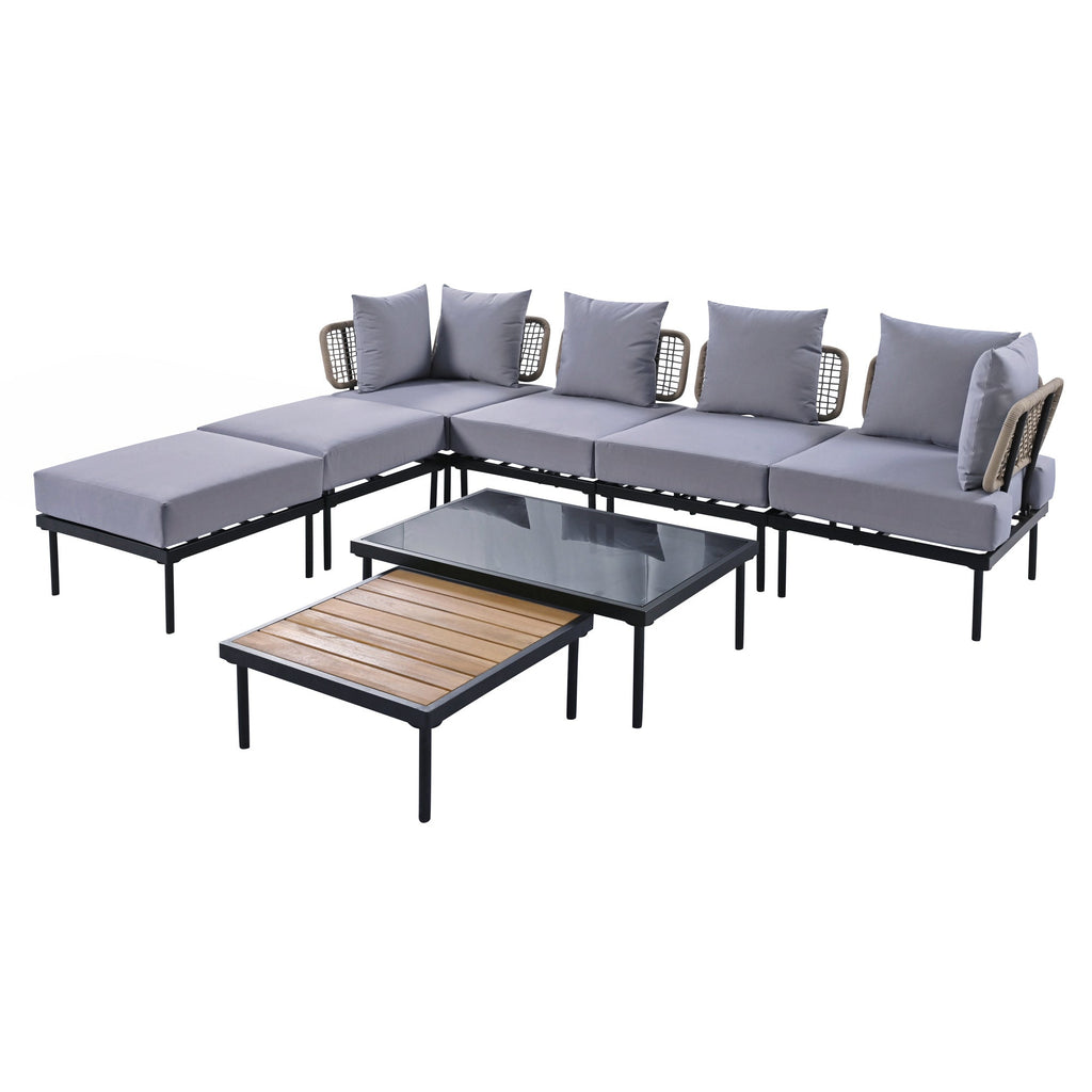 TREXM 8-Piece Patio Sectional Sofa Set with Tempered Glass Coffee Table and Wooden Coffee Table for Outdoor Oasis, Garden, Patio and Poolside (Light Grey Cushion + Black Steel)