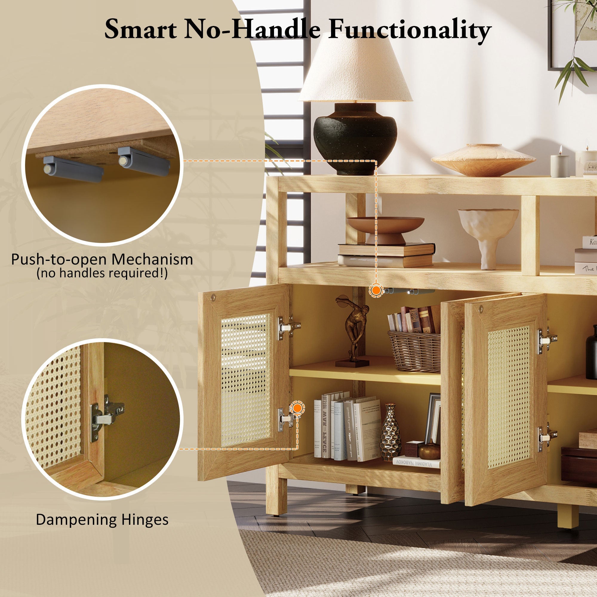 TREXM Bohemian Style Rattan Buffet Storage Cabinet with Solid Wood Frame, Sideboard with 3-position Adjustable Shelves for Living & Dining Rooms, No-Handle Push-to-Open Design (Natural)
