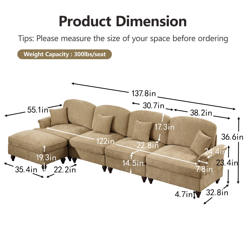Classic Three Seater Modular L Shaped Sectional Couch with Flared Arms and Removable Ruffles Pleats Skirts and Spindle Legs, Comfy Chenille Four-Seat Deep Seat Sofa with Movable Ottoman, Light Coffee