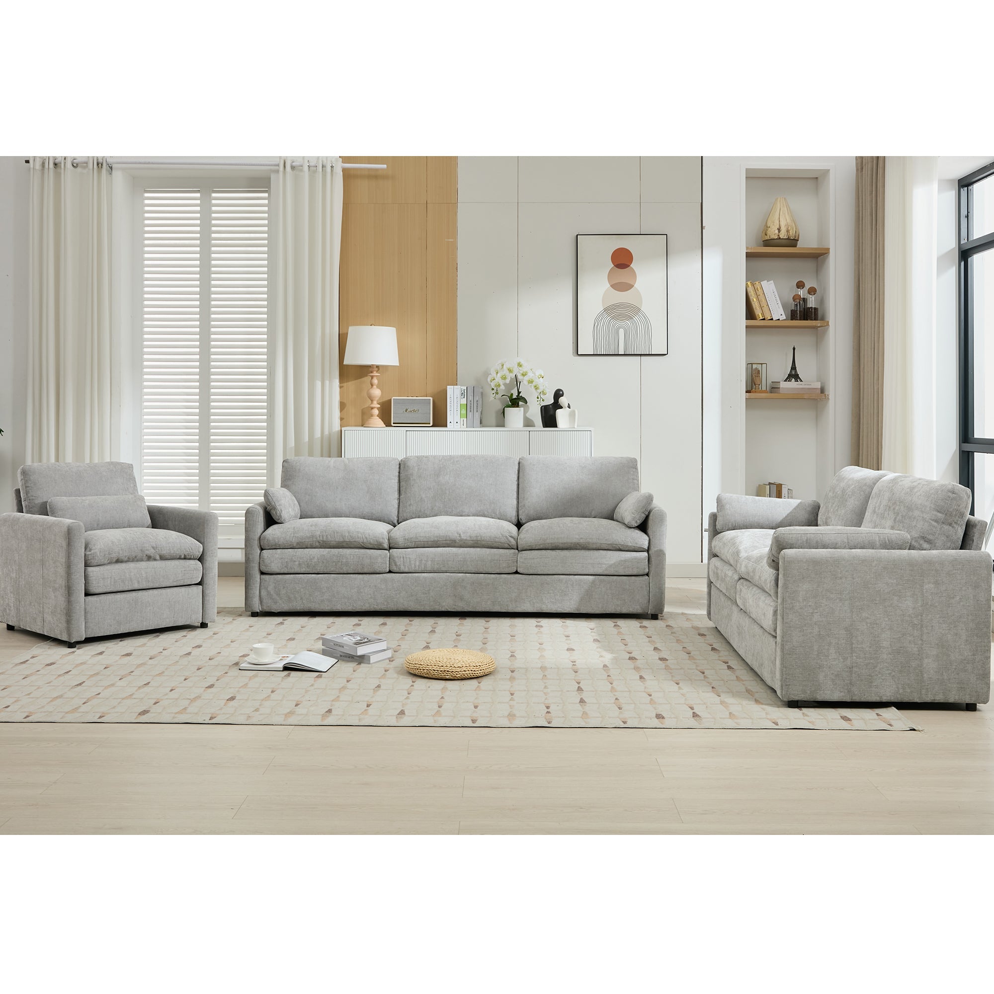 Cozy Upholstered Sofa Set Oversized Comfy Cloud Sofa Double Cushion Sofa Group Plush Cushion Sofa Couch for Living Room, Light Grey